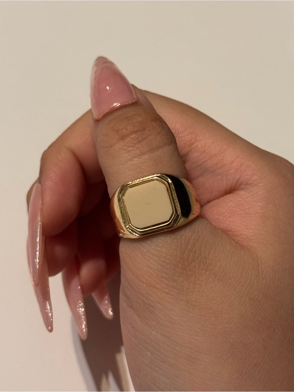 Gold Signet Ring with Semi White Pink Inlay Size 10 Ring